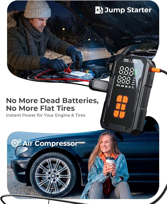 Jump Starter with Air Compressor, 12V Car Battery Jumper Starter Portable for 8.0L Gas/6.0L Diesel, Car Battery Charger Jump Box with 160PSI Auto-Shutoff Tire Inflator and Storage Case, Black