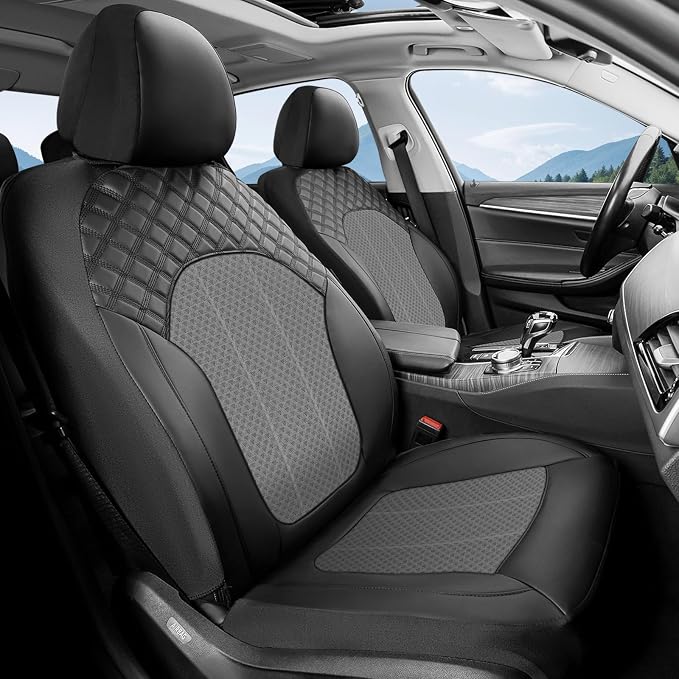 FLORICH Car Seat Covers Full Set Leather & Mesh Seat Cover 5 Seats Front and Back Car Interior Covers Automotive Seat Comfort Protection Accessories Universal Fit for Most Car SUV Truck, Gray&Black