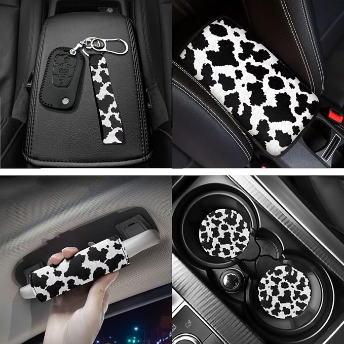 Cow Print Car Seat Covers, Auto Floor Mats, Car Steering Wheel Cover, Shoulder Pads, Armrest Pad, Roof Gloves, Cup Coaster, Keychain, Automotive Interior Accessories Set of 18