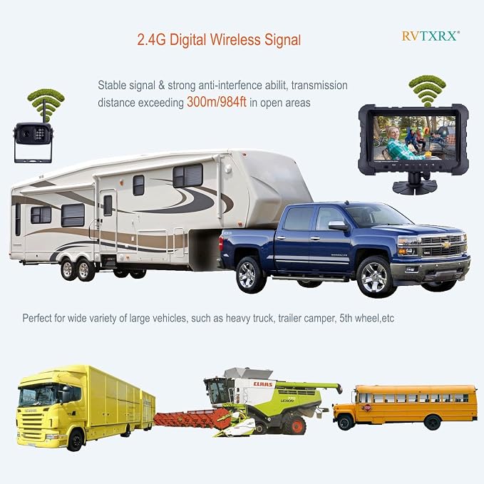 Digital Wireless Backup Camera System with 7" HD Split Screen Monitor, No Lag DVR Recording, IP69K Waterproof Rear View Camera for RV, Trailer, Truck, Camper, 5th Wheel, 984ft Range & Night Vision
