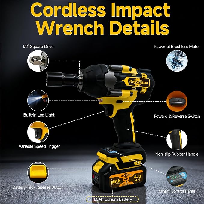 Rhovixster 1/2 Impact Gun Cordless - Impact Wrench Set, 1/2 Torque Impact, Brushless Motor High Torque Impact Guns with 2pcs 4Ah Battery & 1pcs Charger, 850N.M Torque