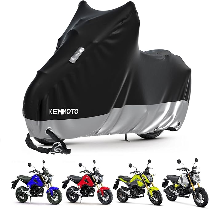 KEMIMOTO Heavy Duty 300D Motorcycle Cover Waterproof with Tail Tidy Window Fit for Grom Navi Monkey Z125 Benelli Mini Motorbike Covers with Soft Cotton Lining & Lock Hole UV Dust Outdoor All Weather