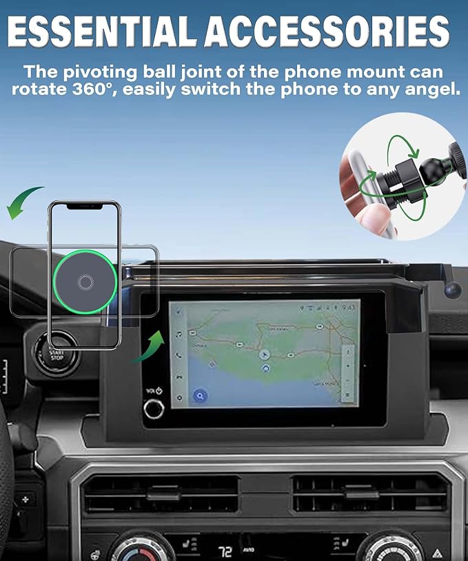 Car Phone Holder for Toyota Tacoma 2024 2025 Accessories Apply to 8 Inch Touch Screen 15W Fast Wireless Charger Screen Fixed Clip Cell Phone Mount with Dashboard Storage Tray