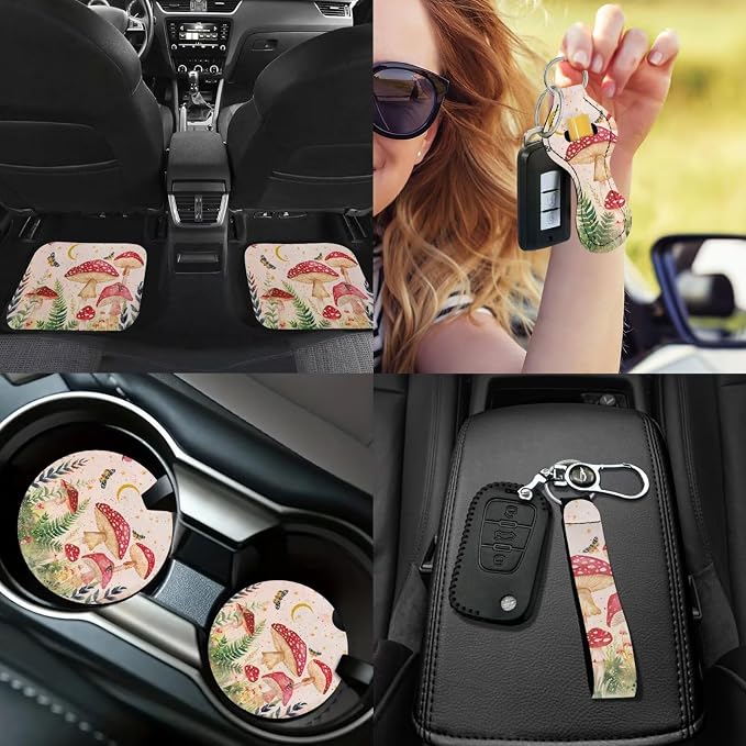 17Pcs Mushroom Car Accessories Full Set for Women Man,Starry Sky Mushroom Car Seat Covers Set for Front and Rear,Steering Wheel Cover Seat Belt Protector Set Car Floor Mats,Easy to Install
