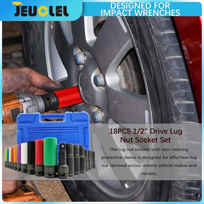 18PCS 1/2" Drive Lug Nut Socket Set, Thin Wall Lug Nut Sockets with Colored Protective Covers, 6 Point & 12 Point Twist Double Ended Twist Socket Set, Flower Head, Impact Extension Bar