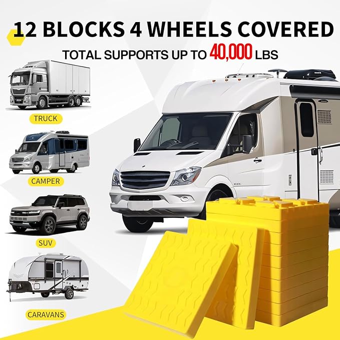 12 Pack Camper/RV Leveling Blocks Suitable for 4 Wheels Interlocking and Anti-Slip Design with Carrying Bag Heavy-Duty for Camper Travel Trailer Yellow