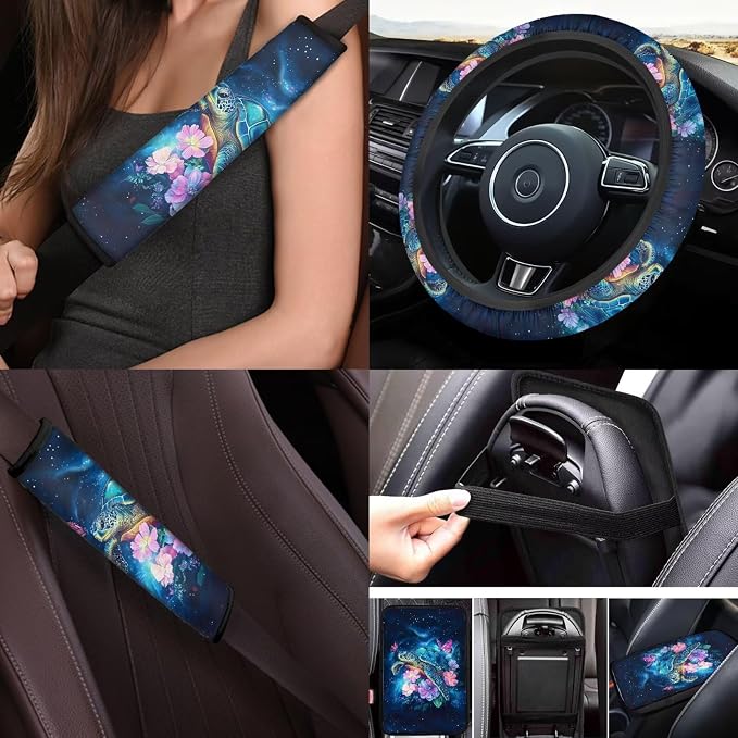 Sea Turtle Car Cover Seats Full Set with Steering Wherl Cover Seat Belt Cover Pad Turtle Flower Car Accessories Set 17 Pcs Car Floor Mats Set of 4 Auto Supplies for Women,Universal Fit