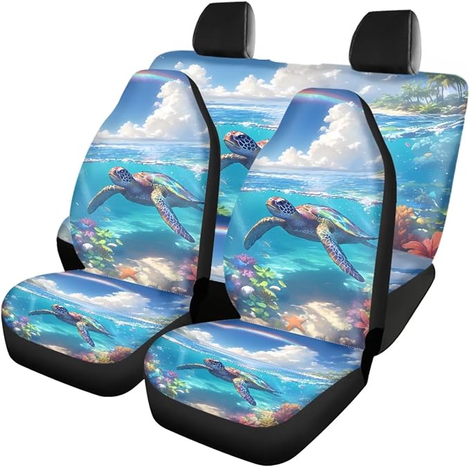 Summer Turtle Design Car Interior Accessories Set of 18, Car Seat Covers Full Set with Floor Mats Steering Wheel Cover Shoulder Pads Armrest Pad Cover Roof Gloves Cup Coaster Keychain