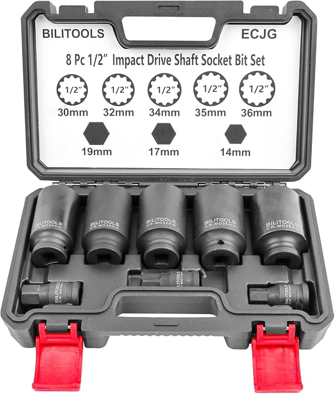 BILITOOLS 3/4 inch Drive Extension Set &1/2" Drive Deep Axle Nut Spindle Impact Socket Set | 12 Point | CR-MO | 14-17 - 19-30 - 32-34 - 35-36 mm