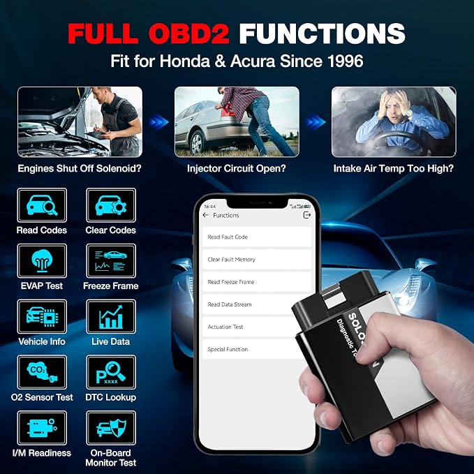 Kingbolen Soloscan for Honda Acura OBD2 Scanner Bluetooth, Bidirectional Test Full System Diagnostic Scan Tool for Android & iOS, All Reset Services, AutoVin, Lifetime No Subscriptions