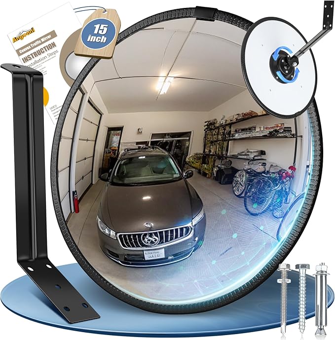 Angooni 15" HD Convex Traffic Mirror - Freely Adjustable Blind Spot Mirror, Heavy Acrylic Mirrors - Security Mirrors for Driveway, Garage Parking, Office