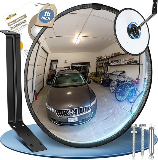 Angooni 15" HD Convex Traffic Mirror - Freely Adjustable Blind Spot Mirror, Heavy Acrylic Mirrors - Security Mirrors for Driveway, Garage Parking, Office