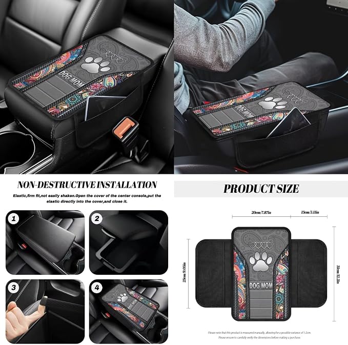 Dog Paw Print Car Seat Covers Full Set Dog Mom Print Front and Rear Car Seat Covers with Gear Lever Cover Handbrake Cover Garbage Bag Safety Belt Pads Cup Cushions, Gray