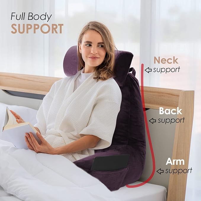 Nestl Reading Pillow with Shredded Memory Foam Includes 2 Neck and Lumber Support Pillows, Designed for Sitting Up in Bed and Couch, Back and Arms Adjustable Support for Adult & Teens, Purple