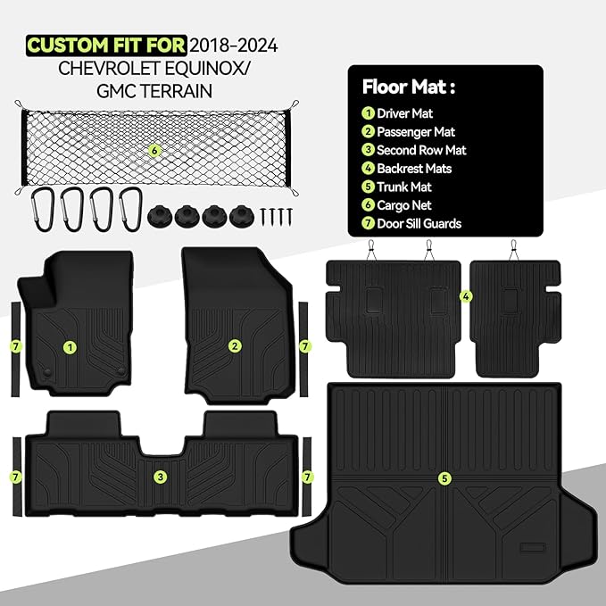 Tongama-Floor Mats for 2018-2024 Chevrolet Equinox/GMC Terrain, All Weather TPE Trunk Mat and Backrest Mats Protector and Cargo Net and Door Sill Guards for Chevrolet Equinox Floor Liner Accessories