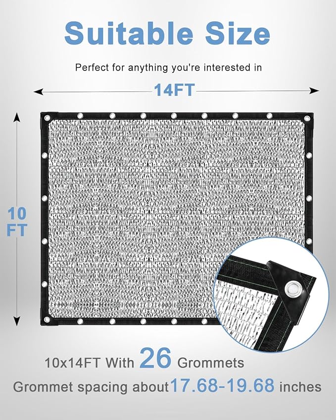 vensovo 40% Aluminum Shade Cloth - Reflective Aluminium Shade Netting Sun Shade Cover with Grommets for Cars, Dogs, Outdoor, RV, Patio (10x14FT)