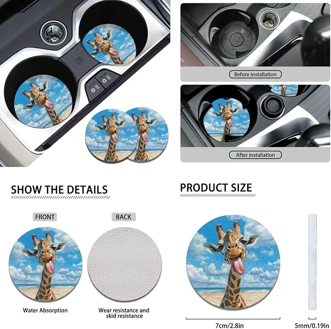 Giraffe Car Seat Covers Including Funny Animal 4 Front Rear Seat Cushion Cover/2 Coasters/1 Steering Wheel Wrap/2 Shift Knob Handbrake Cover/2 Seatbelt Pad Cover, 11 Pack Car Accessories