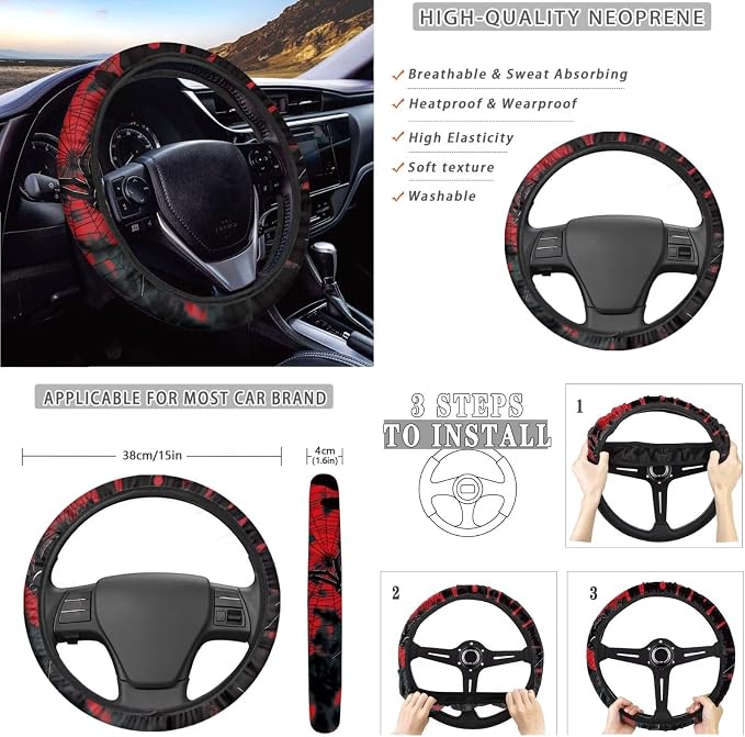 Spider Web Print 10 Pcs Car Accessories Sets Scratch-Resistant 4 Front Rear Seat Covers, 1 Steering Wheel Cover, 1 Vehicle Garbage Can, 1 Air Vent Pouch, 2 Coasters, 1 Keychain