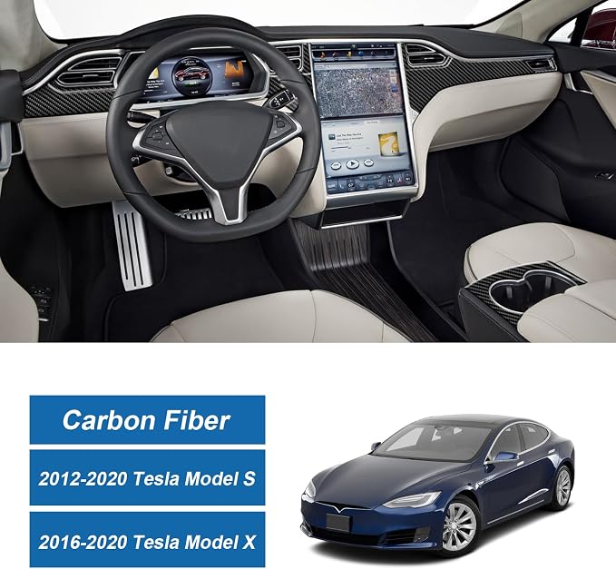 Real Carbon Fiber Interior Trim Kit Compatible with 2012–2020 Tesla Model S & 2016–2020 Model X – Dashboard Panel Trim, Cup Holder Trim, AC Air Vent Trim, Interior Decor Sticker Accessories