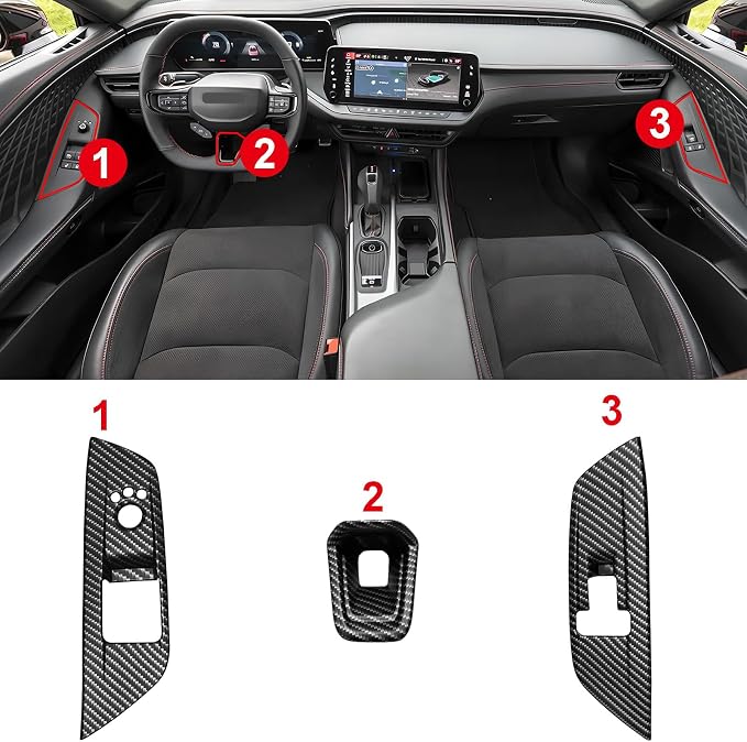 BestEvMod 3PCS Interior Decoration Trim Set of 3 Window Lift Switch Panel Cover & Steering Wheel Lower Spoke Trim Compatible with Dodge Charger EV 2026 2025 2024 (Matte Carbon Fiber Pattern)