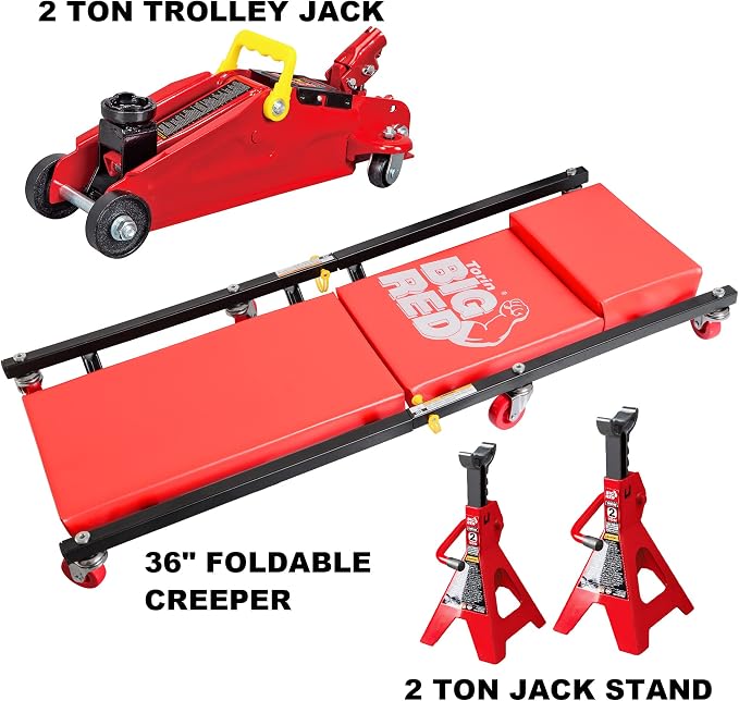 BIG RED T82040 Torin Hydraulic Trolley Floor Service/Floor Combo with 2 Jack Stands and Rolling Garage/Shop Creeper, 2 Ton (4,000 lb) Capacity, Red
