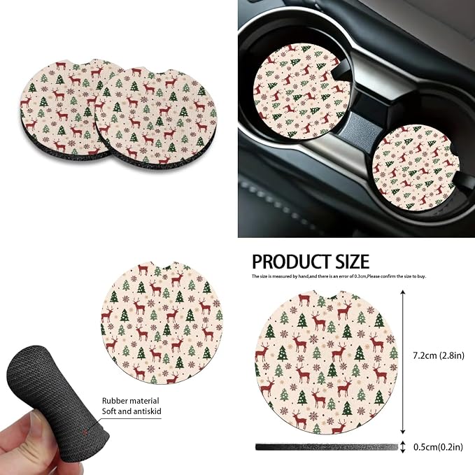 Deer Christmas Tree Pattern 10 Pack Car Seat Cover Set, 4 Front Rear Seat Covers, 1 Steering Wheel Cover, 1 Hanging Car Trash Can, 1 Air Vent Pouch, 2 Coasters, 1 Keychain Christmas Decor