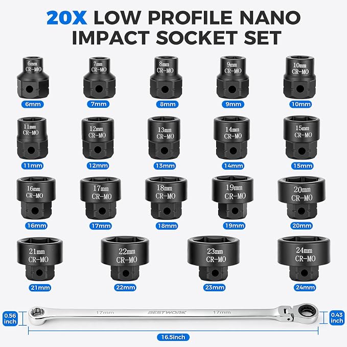 Extra-Long Flex Head Ratchet Wrench & 19 Pcs 3/8" Low Profile Impact Socket