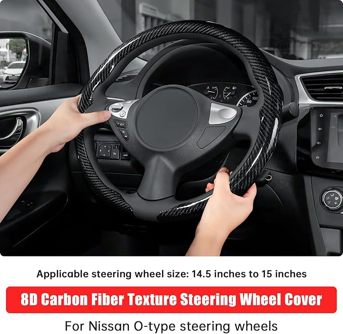 Car Steering Wheel Cover for Nissan Frontier, Rogue, Altima, Sentra, Pathfinder, Titan, Skyline Carbon Fiber Pattern Protective Cover - Black Compatible with 15-inch Wheels Aftermarket Accessories