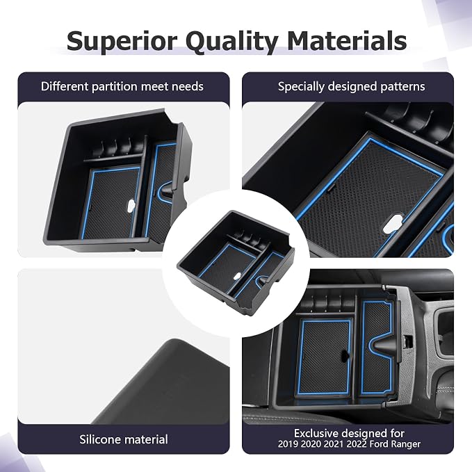 LUWU Ranger Center Console Organizer for 2019 2020 2021 2022 2023 Ford Ranger XL/XLT/Lariat/Raptor Accessories Armrest Console Storage Box Glove Organizer Tray ABS Material Blue