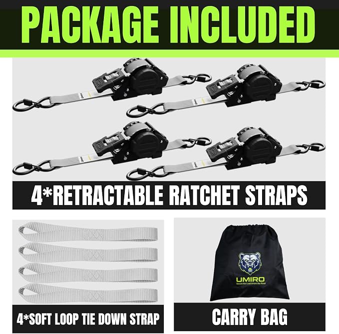 Retractable Ratchet Straps, 4-Pack, 1 Inch x 12 Feet Heavy Duty Tie Downs, 1760lb Break Strength, Self Retracting for Truck, Cargo, Trailer, Motorcycle, ATV, UTV (Grey, 4pack)