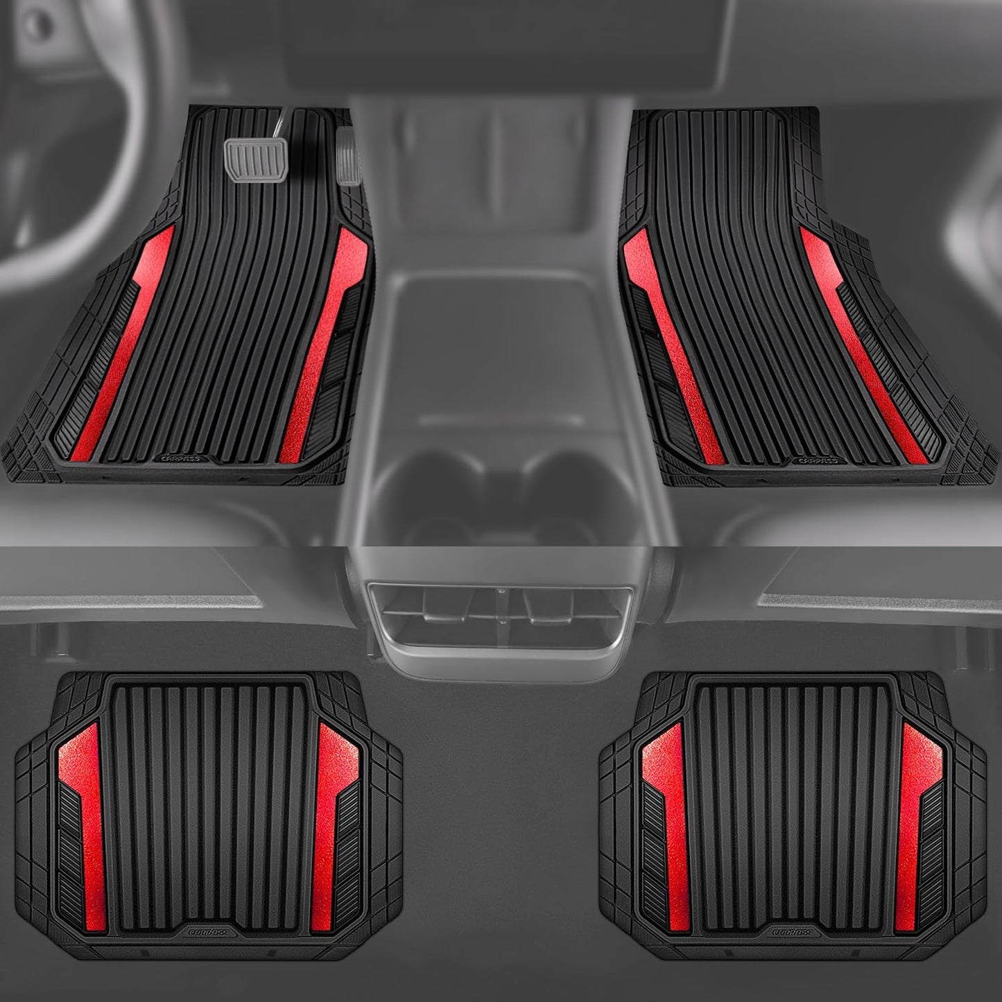 CAR PASS Heavy Duty Rubber Car Mats Metallic S~L Size, Aluminum Film All Weather Floor Mats Waterproof Universal Trim to Fit SUV Sedan Van Truck 4 Piece Deep Dish Two-Tone Sporty Black Red Chrome