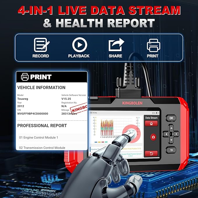 KINGBOLEN OBD2 Scanner S500 Car Scanner, Lifetime NO Cost Update Diagnostic Scan Tool with 6 Reset,Oil/Brake/SAS/Throttle/Inject/ABS Reset, Engine ABS SRS Transmission OBD2 Code Reader, Battery Test