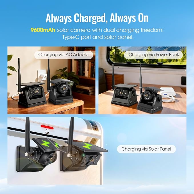3 Solar Magnetic Wireless Camera System, 7" IPS Touchscreen with DVR, 3x9600mAh Rechargeable Side View & Rear View Cameras, IP69K Waterproof & IR Night Vision for Trailer Truck Camper, AH7-3