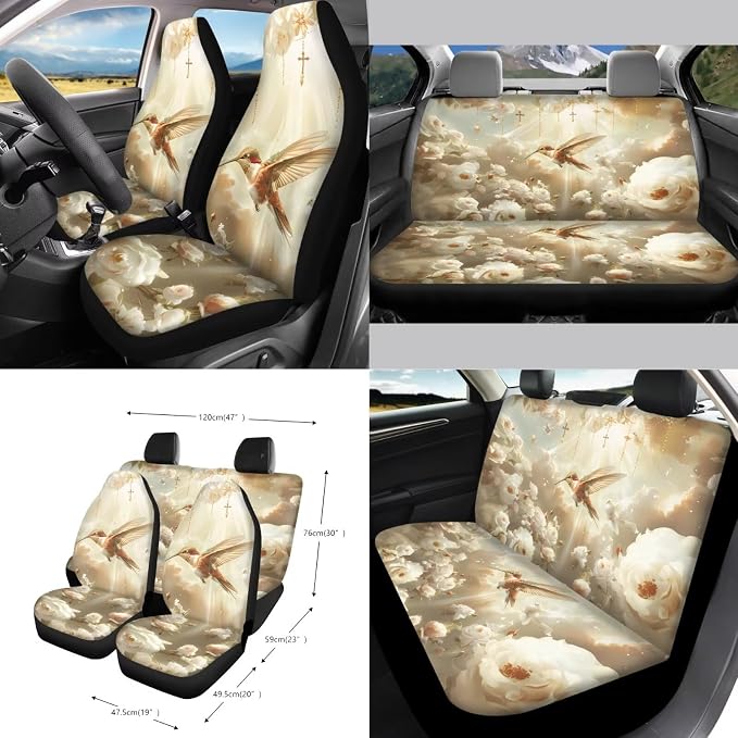 Hummingbird Flower Print Car Seat Covers Full Set with Steering Wheel Cover for Women, Decorative Safety Belt Pads Cup Cushions Storage Trash Can Car Air Vent Organizer