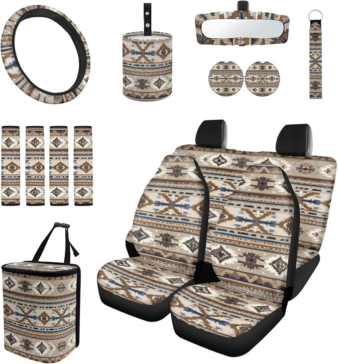 Southwest Aztec Car Seat Covers Set of 15 with Universal Steering Wheel Cover, Rearview Mirror Cover, Car Trash Can, Seatbelt Pads, Cup Holder Coasters, Keychains