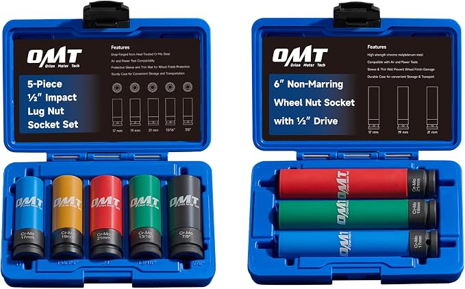 Orion Motor Tech 5pc 1/2" Drive Lug Nut Socket Set, Metric 17 19 21 mm & SAE 13/16 7/8 in. Wheel Socket Set and 3pc 1/2" Drive Extra Long Impact Sockets with 17mm 19mm 21mm Metric Sockets, Bundle