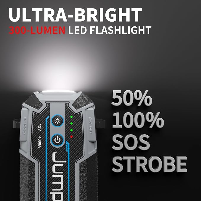 Car Jumper Starter Portable 24000mAh 12V Peak 4000A Jump Box for Car Battery Cargador De Bateria De Carro Portatil Waterproof IP67 Magnetic Hook Fast Charge 100W Led Lights Camping