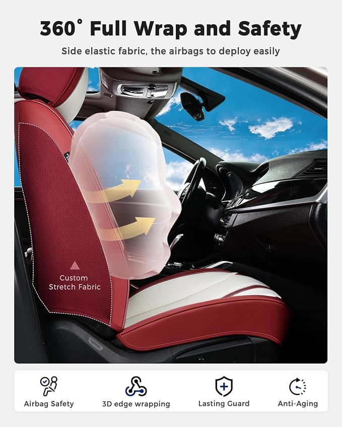 Huidasource Red White Front Seat Cover, Luxury Faux Leather Front Car Seat Cover Front Seats, Compatible with Airbags, Cooling＆Heating, Universal Fit for Most Cars, Vans, Trucks, SUVs, Red＆White