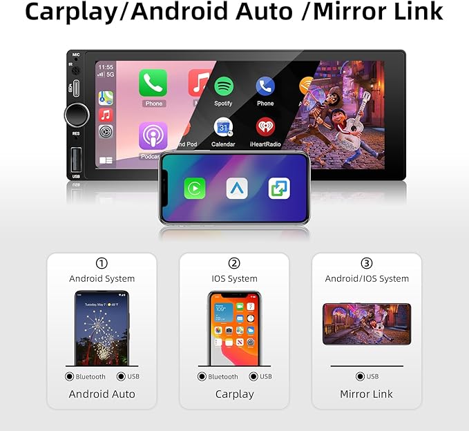 LEXXSON Single Din Car Stereo with Carplay Android Auto, 6.86 Inch IPS Touch Screen Single Din Radio with Mirror Link FM USB EQ GPS