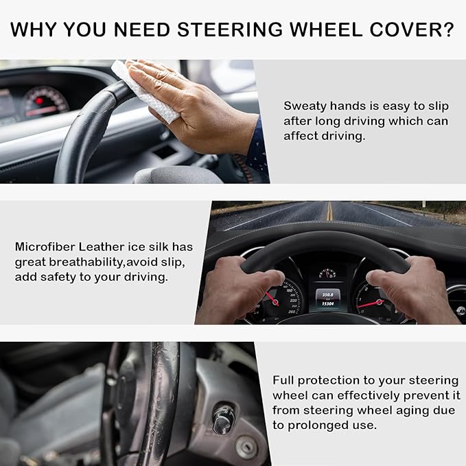 Black & White Nappa Leather Steering Wheel Cover, 14.5-15 inch Universal Car Steering Wheel Cover Non-Slip Breathable Absorbing Sweat Car Accessories