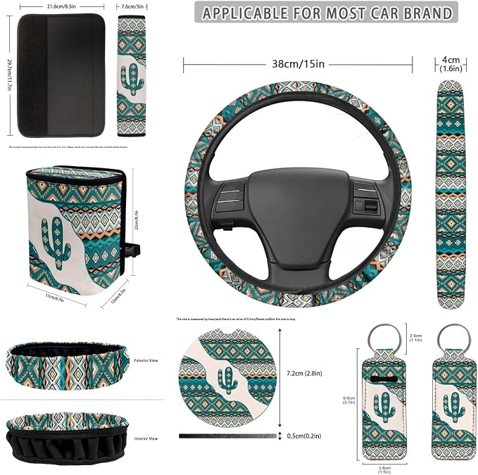 Aztec Cactus Car Seat Covers Set of 12 Car Seat Belt Pad Cover Steering Wheel Cover Car Trash Can Rear View Mirror Cover Car Cup Coasters Keychains Keychain Holder