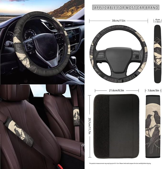 Crow Moon Pattern Auto Accessories Set of 15, Car Seat Cover Steering Wheel Cover Seat Belt Cover Air Vent Storage Bag Keychain Trash Bin and Mirror Cover