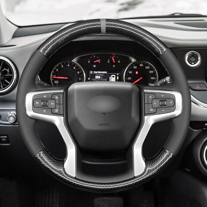MEWANT Steering Wheel Cover for Chevy Silverado 1500 2019-2024/2500 3500 2020-2024/Blazer 2019-2024/Suburban Tahoe 2021-2024 Carbon Fiber Hand-Stitched Steering Wheel Wrap
