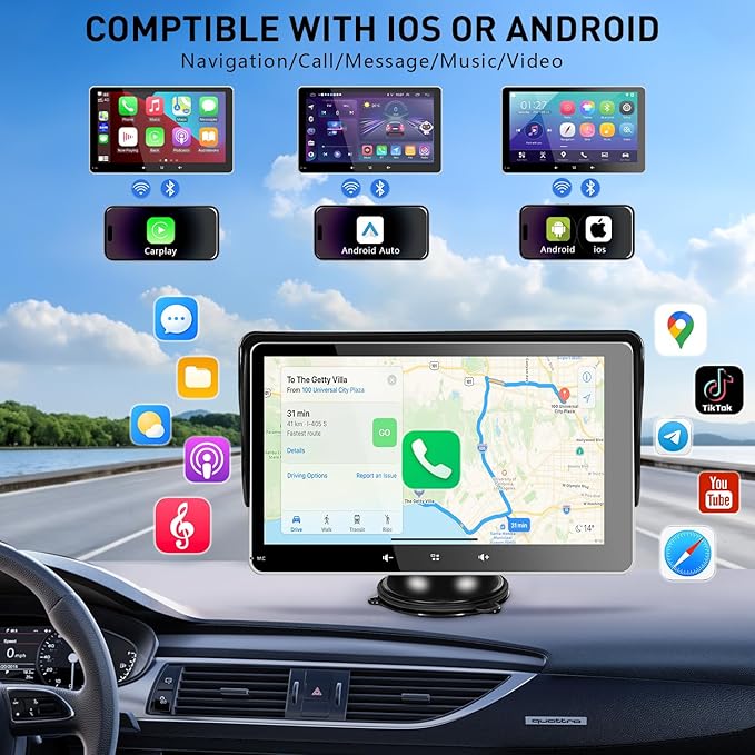 Apple Carplay Screen for Car, 7" Wireless Carplay & Android Auto Car Stereo, Portable Touchscreen with Mirror Link/GPS Navigation/AUX/Voice Control/Bluetooth for All Vehicles