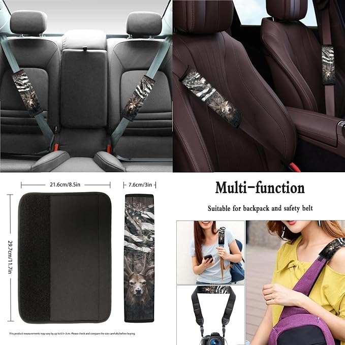 Suobstales Deer American Flag Print Car Accessories for Women Seat Covers Set with Universal Steering Wheel Cover Seatbelt Pads, Cup Holder Coasters, Keychain Fits SUV Trunk Sedan
