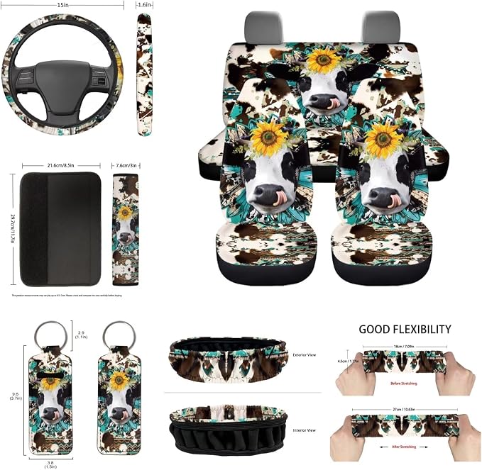 Cow Car Seat Covers Sets14pcs,Sunflower Western Cow Auto Seat Protector Pad+Seatbelt+Steering Wheel Cover+Car Coasters+ Interior Mirror Accessory+Cowhide Keychain for Women Men