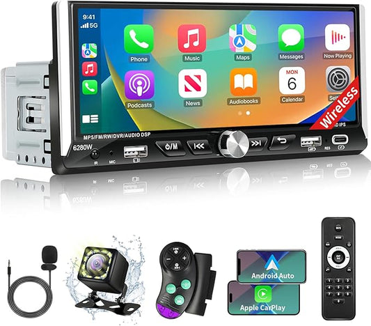 Single Din Car Stereo with Wireless Apple Carplay Android Auto, 6.9" IPS Touchscreen Car Stereo with Bluetooth 5.2 Handsfree Mirror Link Backup Camera GPS Navigation Dual USB Fast Charge FM AM EQ SWC