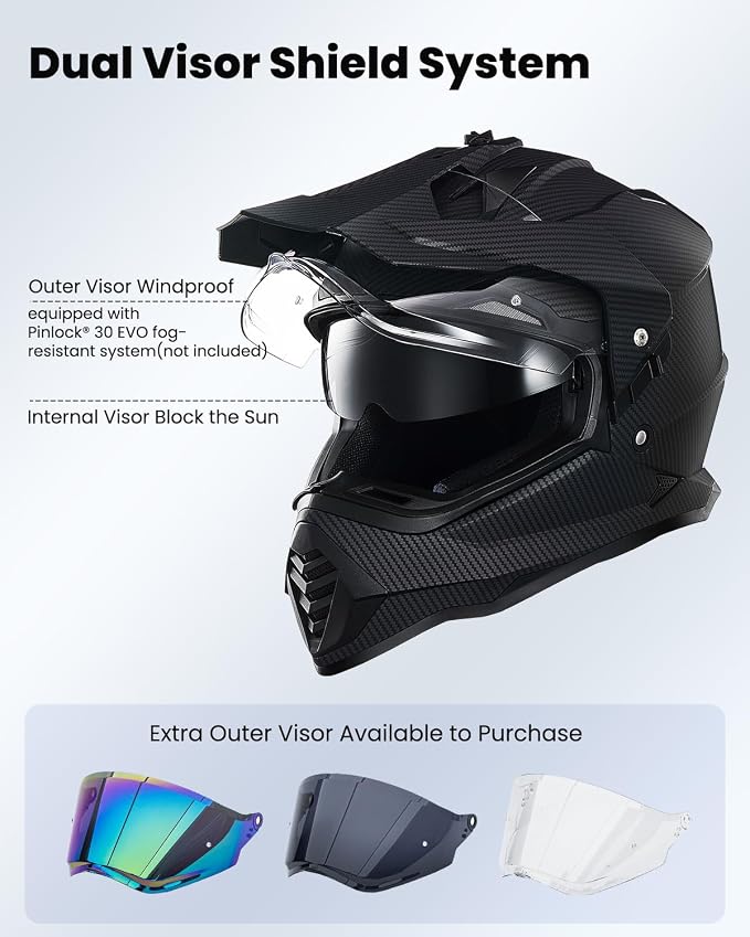 ILM Dual Sport Adventure Motorcycle Helmet with Pinlock Compatible Sun Visor Snowmobile ATV Dirt Bike Off Road Casco Model WS902 (Carbon Fiber, XL)