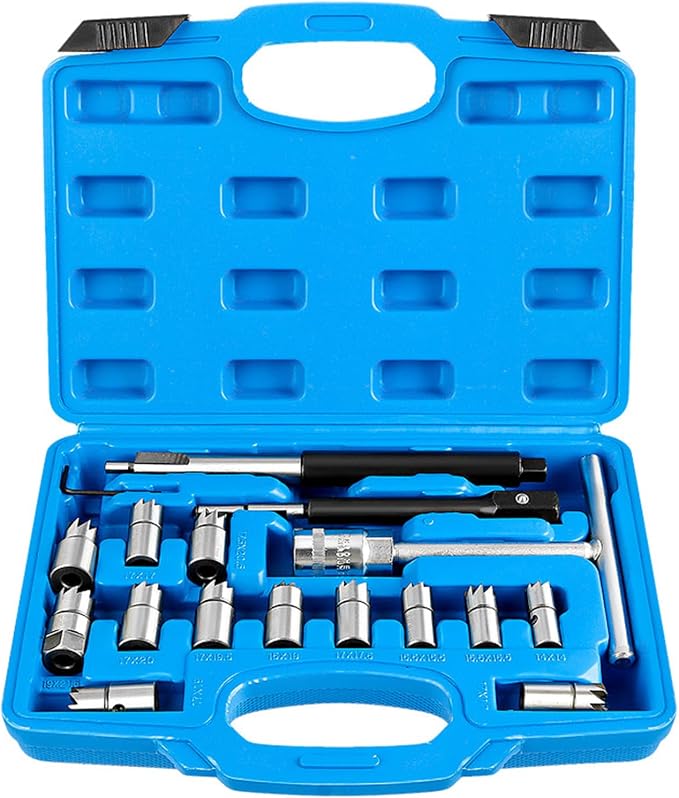 HXBER Auto Repair Tools Car Accessories,17Pcs Injector Set Seat Cutter Cleaner Disassemble Tool Kit Universal Injector Re-Face Reamer Tool Set Valve Seat Cutter Flat Reamer Repair Removal Tool