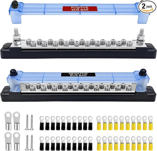 LENKRAD 20 Power/Ground Distribution Block Automotive Bus Bar 12V Marine Bus Bars, 150A Battery Terminal, New Energy Busbar 12V/48V Terminal Block Kit, 20 x M4 Terminal Screws, 2 x M6 Post - 2 Packs